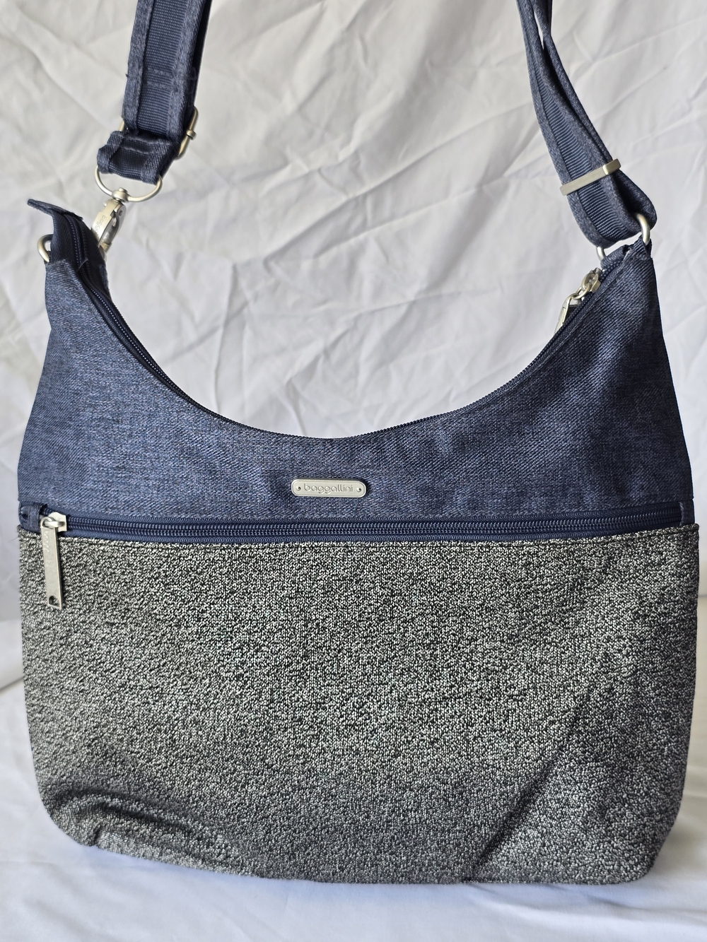 Baggallini Two-Tone Denim & Silver Metallic Hobo Bag with RFID Wristlet